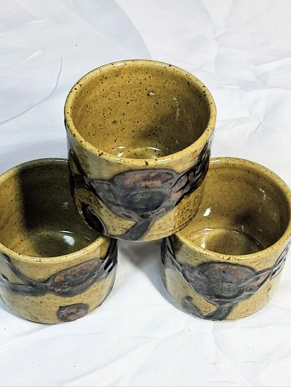 Set Of 3 Japanese Otagiri Sake/Tea/Candle Motives Stoneware Clay Cups 2.5